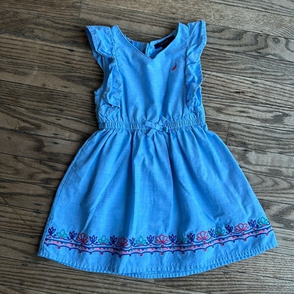 Nautica Baby Girl Dress Blue Chambray Ruffled Embroidered 4T EUC - Picture 1 of 3